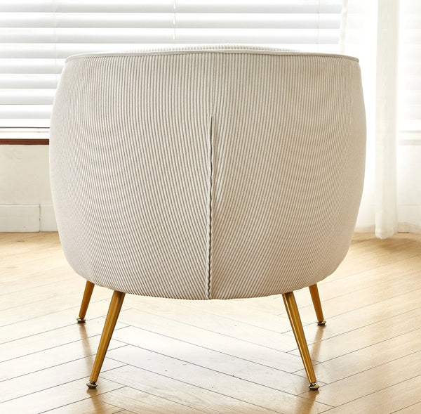 English Elm Corduroy Barrel Armchair with Gold Legs Channel Tufted Upholstery for Living Room Beige B2735P508393