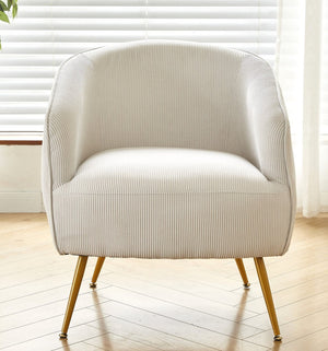 English Elm Corduroy Barrel Armchair with Gold Legs Channel Tufted Upholstery for Living Room Beige B2735P508393