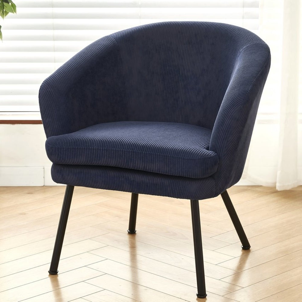 English Elm Corduroy Barrel Accent Chair Ribbed Channel Tufted Upholstery with Slim Black Metal Legs Blue B2735P508507