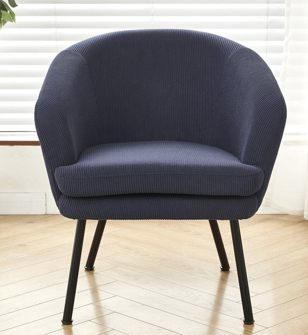 English Elm Corduroy Barrel Accent Chair Ribbed Channel Tufted Upholstery with Slim Black Metal Legs Blue B2735P508507