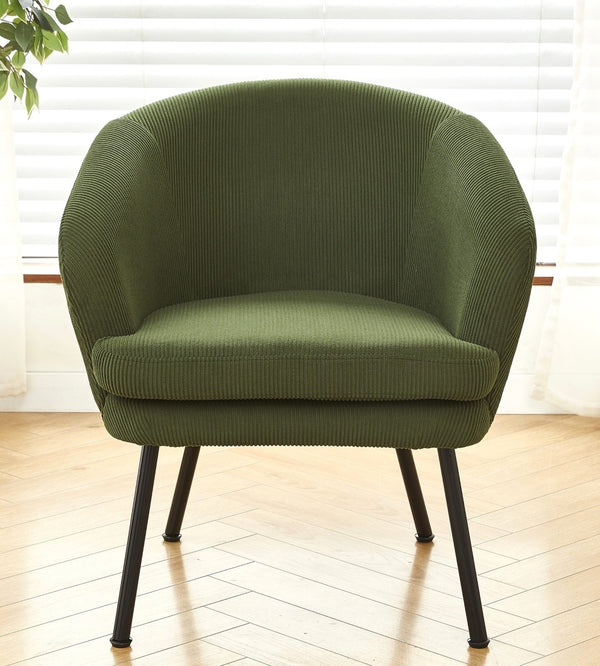 English Elm Corduroy Barrel Accent Chair Ribbed Channel Tufted Upholstery with Slim Black Metal Legs Green B2735P508508