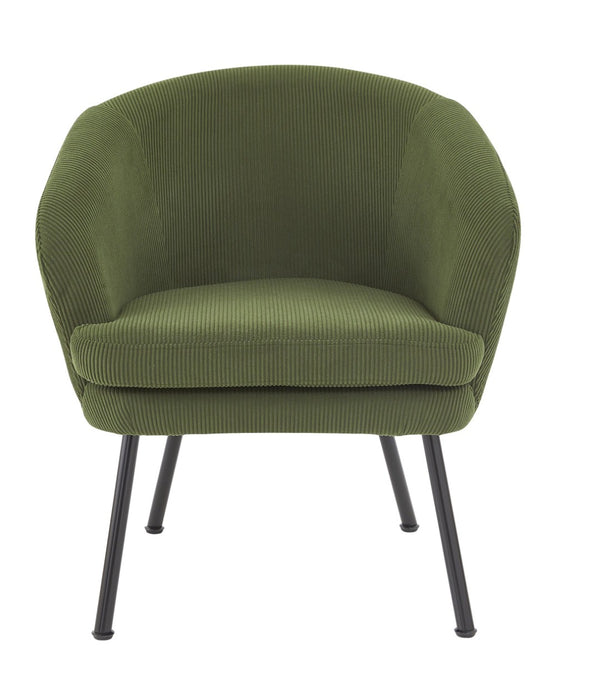 English Elm Corduroy Barrel Accent Chair Ribbed Channel Tufted Upholstery with Slim Black Metal Legs Green B2735P508508