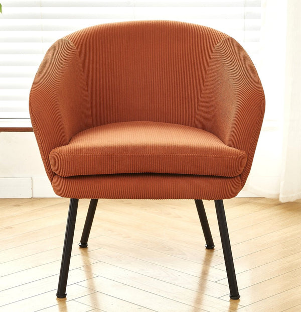 English Elm Corduroy Barrel Accent Chair Ribbed Channel Tufted Upholstery with Slim Black Metal Legs Brown B2735P508509