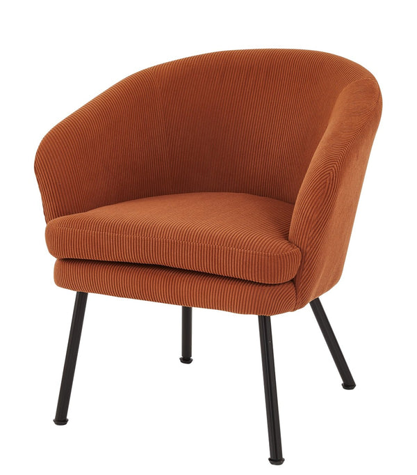 English Elm Corduroy Barrel Accent Chair Ribbed Channel Tufted Upholstery with Slim Black Metal Legs Brown B2735P508509