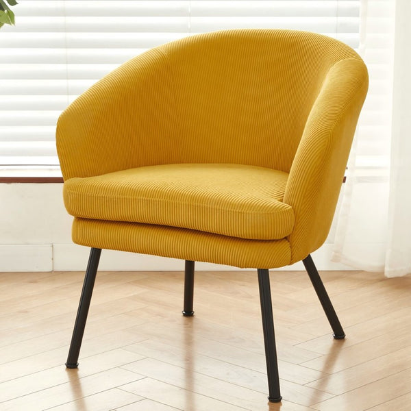 English Elm Corduroy Barrel Accent Chair Ribbed Channel Tufted Upholstery with Slim Black Metal Legs Yellow B2735P508510