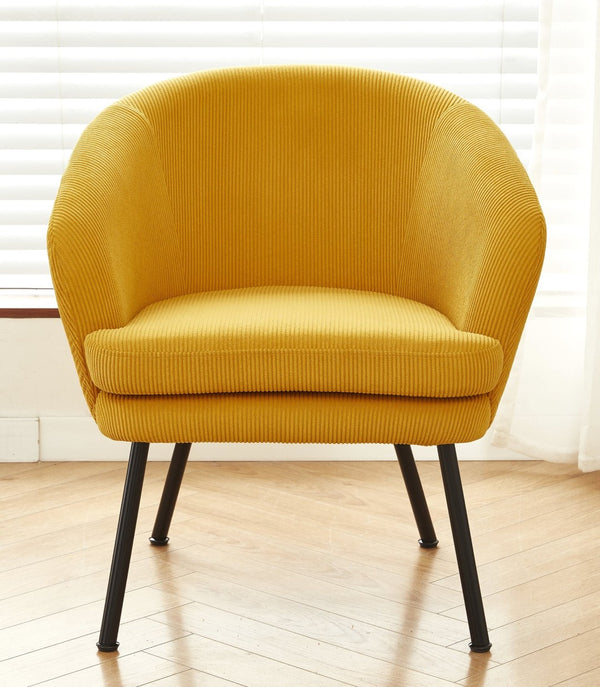 English Elm Corduroy Barrel Accent Chair Ribbed Channel Tufted Upholstery with Slim Black Metal Legs Yellow B2735P508510