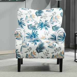English Elm Mid-Century Modern Wingback Armchair Upholstered Club Seat with Tapered Wood Legs Blue Floral B2735P510333