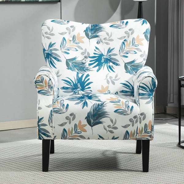 English Elm Mid-Century Modern Wingback Armchair Upholstered Club Seat with Tapered Wood Legs Blue Floral B2735P510333