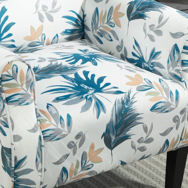 English Elm Mid-Century Modern Wingback Armchair Upholstered Club Seat with Tapered Wood Legs Blue Floral B2735P510333