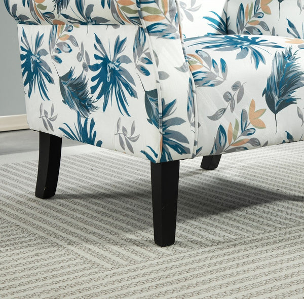 English Elm Mid-Century Modern Wingback Armchair Upholstered Club Seat with Tapered Wood Legs Blue Floral B2735P510333