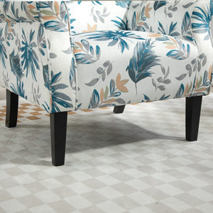 English Elm Mid-Century Modern Wingback Armchair Upholstered Club Seat with Tapered Wood Legs Blue Floral B2735P510333