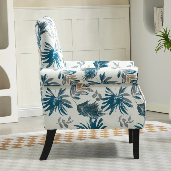 English Elm Mid-Century Modern Wingback Armchair Upholstered Club Seat with Tapered Wood Legs Blue Floral B2735P510333