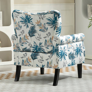 English Elm Mid-Century Modern Wingback Armchair Upholstered Club Seat with Tapered Wood Legs Blue Floral B2735P510333