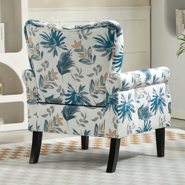 English Elm Mid-Century Modern Wingback Armchair Upholstered Club Seat with Tapered Wood Legs Blue Floral B2735P510333