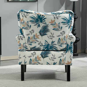 English Elm Mid-Century Modern Wingback Armchair Upholstered Club Seat with Tapered Wood Legs Blue Floral B2735P510333