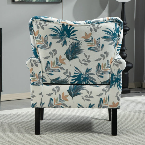 English Elm Mid-Century Modern Wingback Armchair Upholstered Club Seat with Tapered Wood Legs Blue Floral B2735P510333