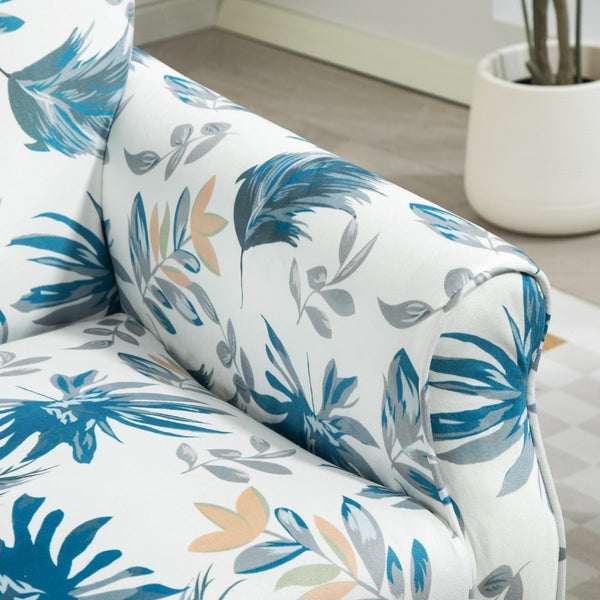 English Elm Mid-Century Modern Wingback Armchair Upholstered Club Seat with Tapered Wood Legs Blue Floral B2735P510333