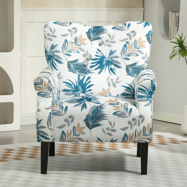 English Elm Mid-Century Modern Wingback Armchair Upholstered Club Seat with Tapered Wood Legs Blue Floral B2735P510333
