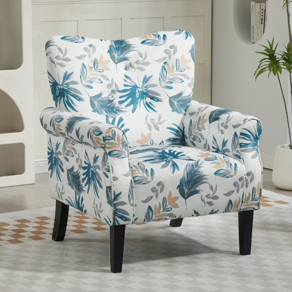 English Elm Mid-Century Modern Wingback Armchair Upholstered Club Seat with Tapered Wood Legs Blue Floral B2735P510333