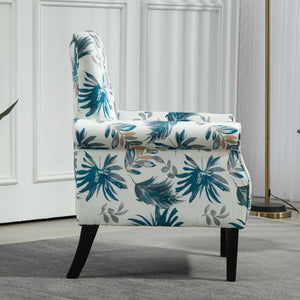 English Elm Mid-Century Modern Wingback Armchair Upholstered Club Seat with Tapered Wood Legs Blue Floral B2735P510333