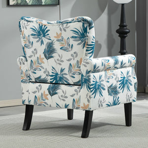 English Elm Mid-Century Modern Wingback Armchair Upholstered Club Seat with Tapered Wood Legs Blue Floral B2735P510333