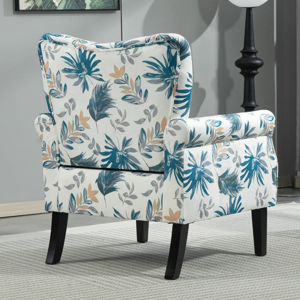English Elm Mid-Century Modern Wingback Armchair Upholstered Club Seat with Tapered Wood Legs Blue Floral B2735P510333