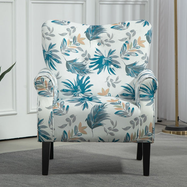 English Elm Mid-Century Modern Wingback Armchair Upholstered Club Seat with Tapered Wood Legs Blue Floral B2735P510333