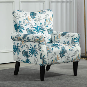 English Elm Mid-Century Modern Wingback Armchair Upholstered Club Seat with Tapered Wood Legs Blue Floral B2735P510333