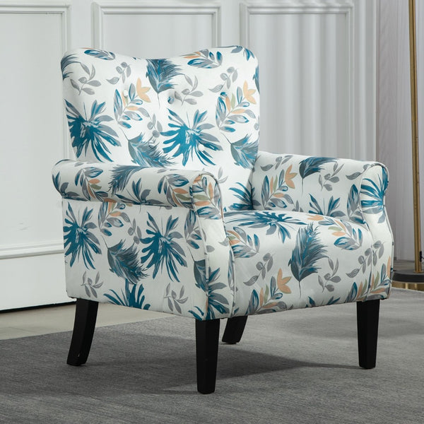 English Elm Mid-Century Modern Wingback Armchair Upholstered Club Seat with Tapered Wood Legs Blue Floral B2735P510333