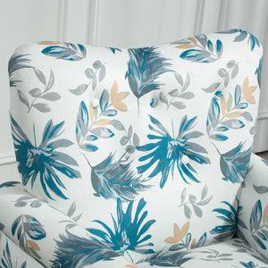 English Elm Mid-Century Modern Wingback Armchair Upholstered Club Seat with Tapered Wood Legs Blue Floral B2735P510333