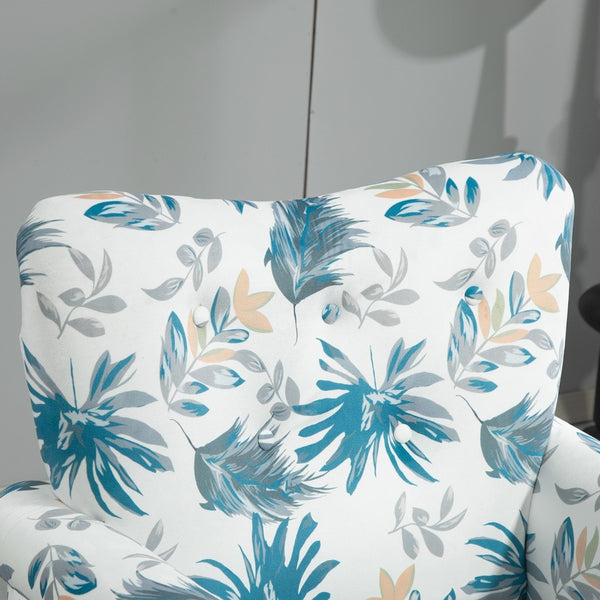 English Elm Mid-Century Modern Wingback Armchair Upholstered Club Seat with Tapered Wood Legs Blue Floral B2735P510333