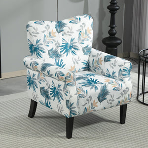 English Elm Mid-Century Modern Wingback Armchair Upholstered Club Seat with Tapered Wood Legs Blue Floral B2735P510333