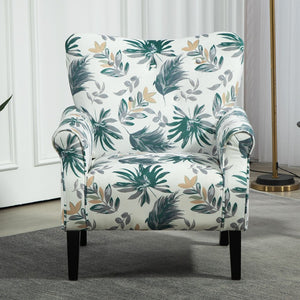 English Elm Mid-Century Modern Wingback Armchair Upholstered Club Seat with Tapered Wood Legs Green Leaves B2735P510334