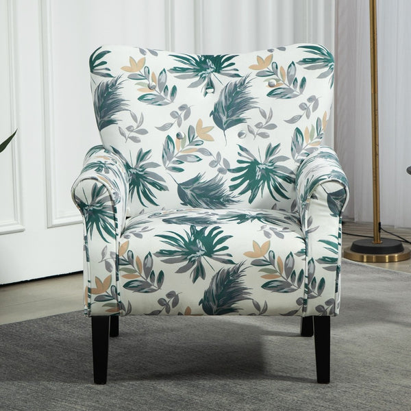 English Elm Mid-Century Modern Wingback Armchair Upholstered Club Seat with Tapered Wood Legs Green Leaves B2735P510334