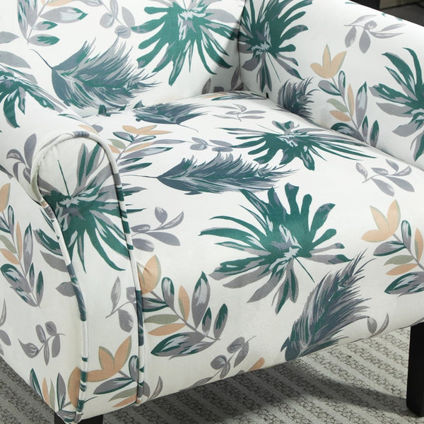 English Elm Mid-Century Modern Wingback Armchair Upholstered Club Seat with Tapered Wood Legs Green Leaves B2735P510334