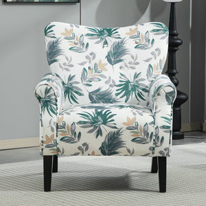 English Elm Mid-Century Modern Wingback Armchair Upholstered Club Seat with Tapered Wood Legs Green Leaves B2735P510334