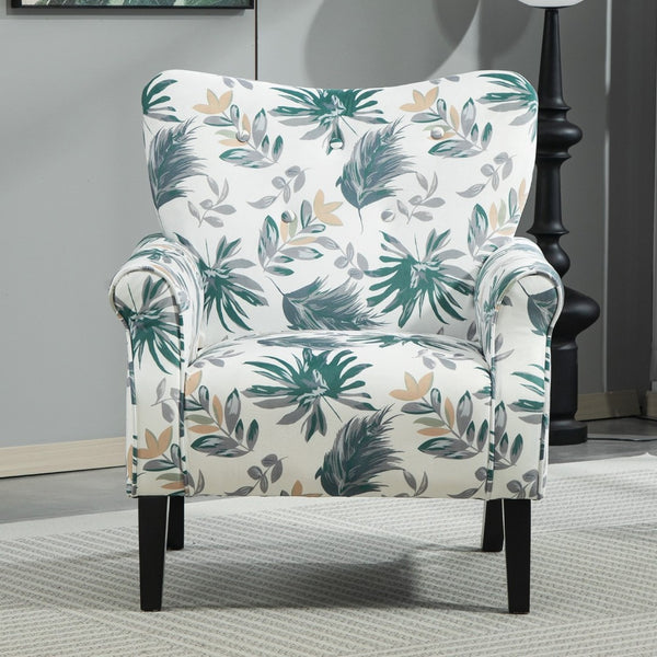 English Elm Mid-Century Modern Wingback Armchair Upholstered Club Seat with Tapered Wood Legs Green Leaves B2735P510334
