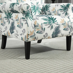 English Elm Mid-Century Modern Wingback Armchair Upholstered Club Seat with Tapered Wood Legs Green Leaves B2735P510334