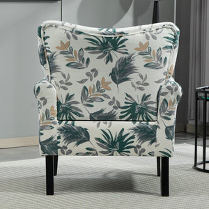 English Elm Mid-Century Modern Wingback Armchair Upholstered Club Seat with Tapered Wood Legs Green Leaves B2735P510334