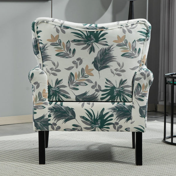 English Elm Mid-Century Modern Wingback Armchair Upholstered Club Seat with Tapered Wood Legs Green Leaves B2735P510334