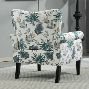 English Elm Mid-Century Modern Wingback Armchair Upholstered Club Seat with Tapered Wood Legs Green Leaves B2735P510334