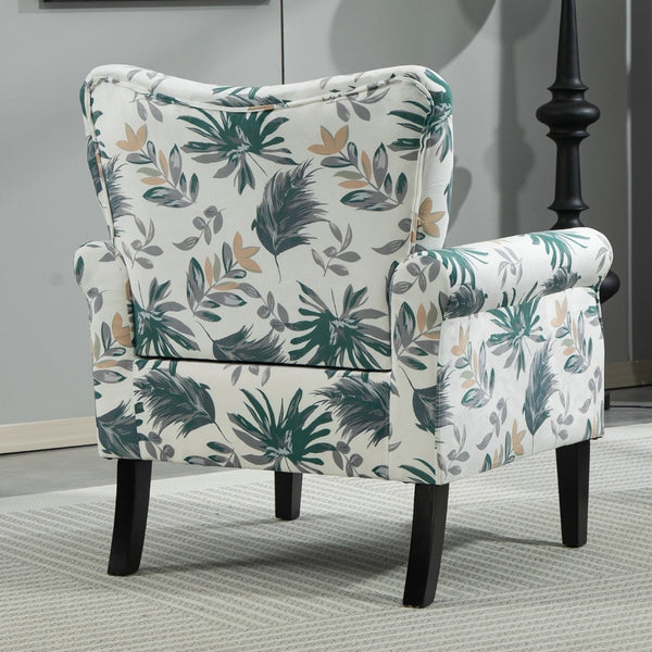 English Elm Mid-Century Modern Wingback Armchair Upholstered Club Seat with Tapered Wood Legs Green Leaves B2735P510334
