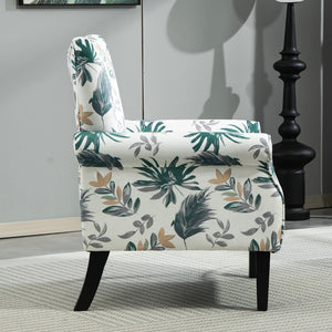 English Elm Mid-Century Modern Wingback Armchair Upholstered Club Seat with Tapered Wood Legs Green Leaves B2735P510334