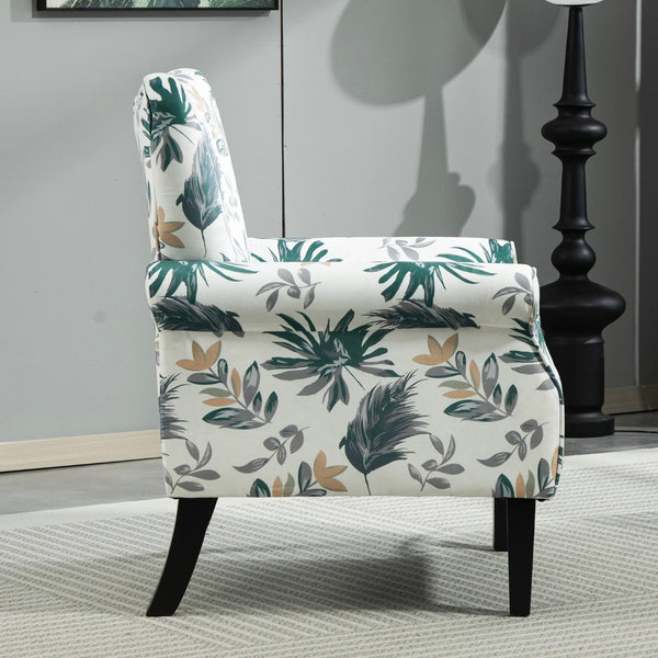 English Elm Mid-Century Modern Wingback Armchair Upholstered Club Seat with Tapered Wood Legs Green Leaves B2735P510334