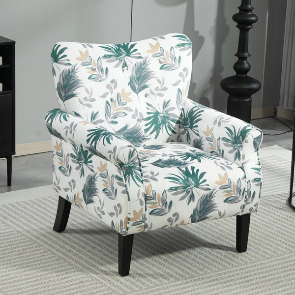 English Elm Mid-Century Modern Wingback Armchair Upholstered Club Seat with Tapered Wood Legs Green Leaves B2735P510334