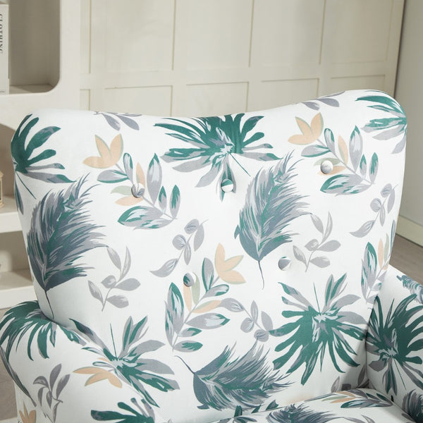 English Elm Mid-Century Modern Wingback Armchair Upholstered Club Seat with Tapered Wood Legs Green Leaves B2735P510334