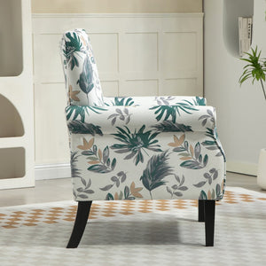 English Elm Mid-Century Modern Wingback Armchair Upholstered Club Seat with Tapered Wood Legs Green Leaves B2735P510334
