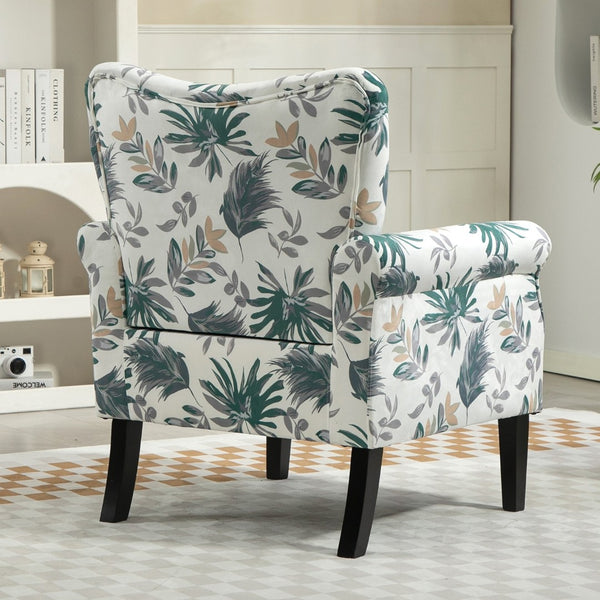 English Elm Mid-Century Modern Wingback Armchair Upholstered Club Seat with Tapered Wood Legs Green Leaves B2735P510334