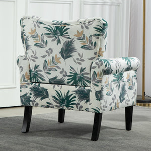 English Elm Mid-Century Modern Wingback Armchair Upholstered Club Seat with Tapered Wood Legs Green Leaves B2735P510334
