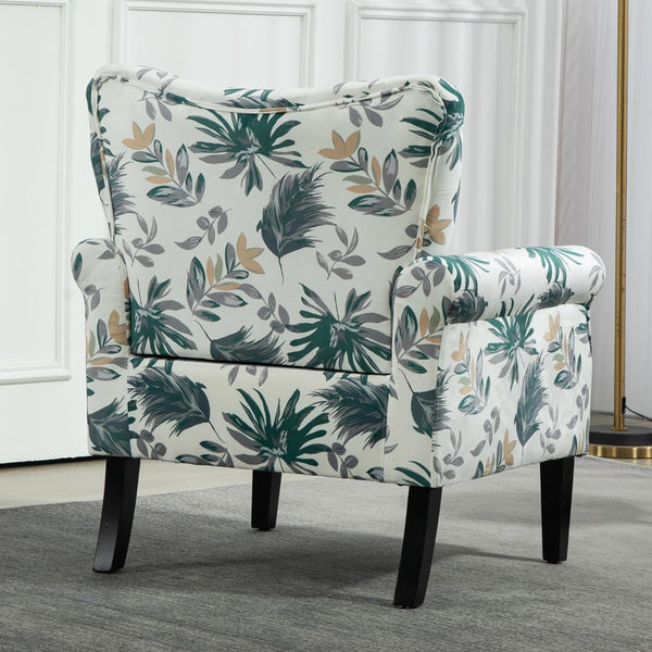 English Elm Mid-Century Modern Wingback Armchair Upholstered Club Seat with Tapered Wood Legs Green Leaves B2735P510334